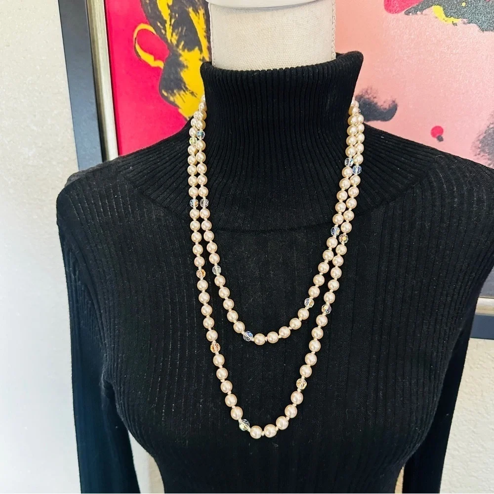 Vintage Glass Pearl Necklace Aurora Borealis Faceted Crystals Knotted Opera 52”
